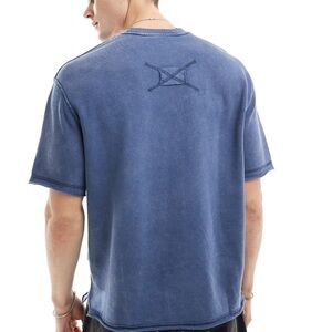 Bershka Raw Edge Short‎ Sleeve T-Shirt Mens Small Washed Blue Streetwear